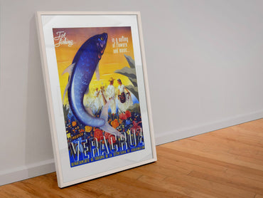 Visit Veracruz Fishing poster in a white frame leaning against a wall