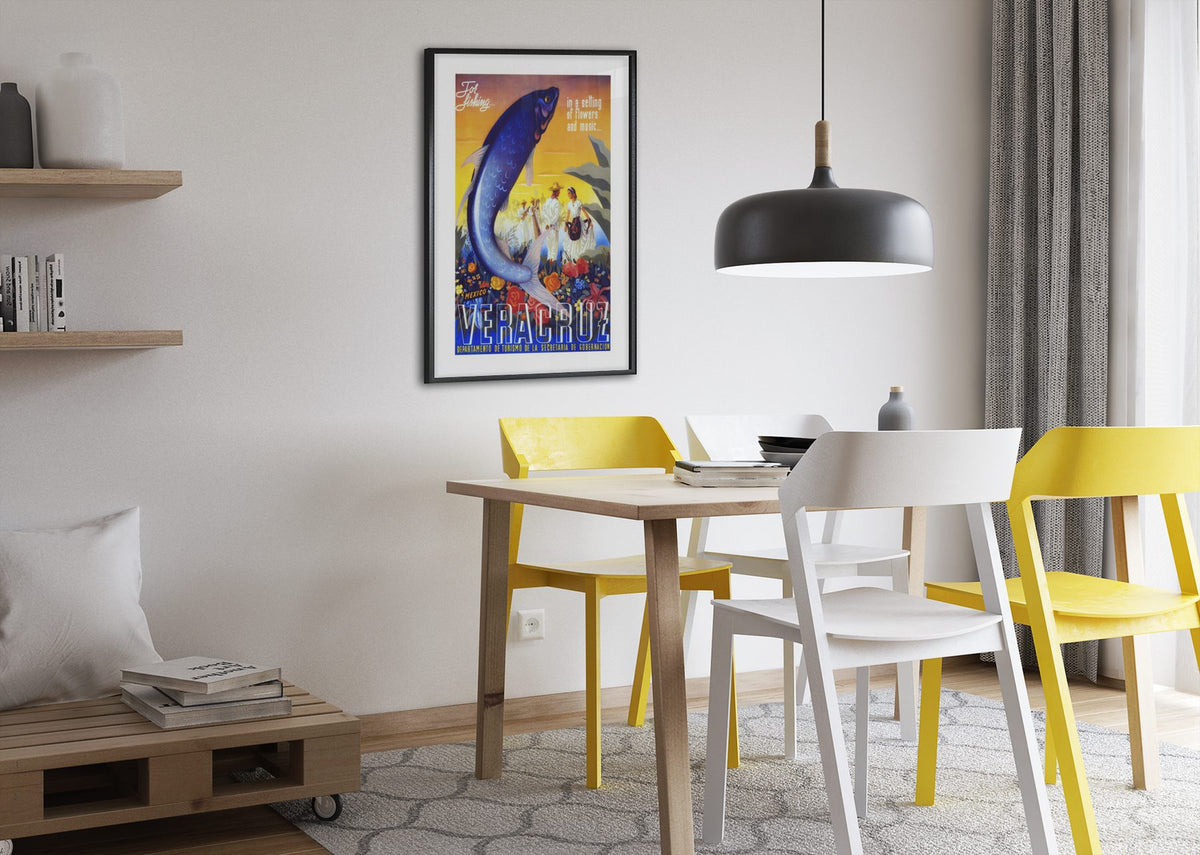 Visit Veracruz Fishing poster framed above a dining table