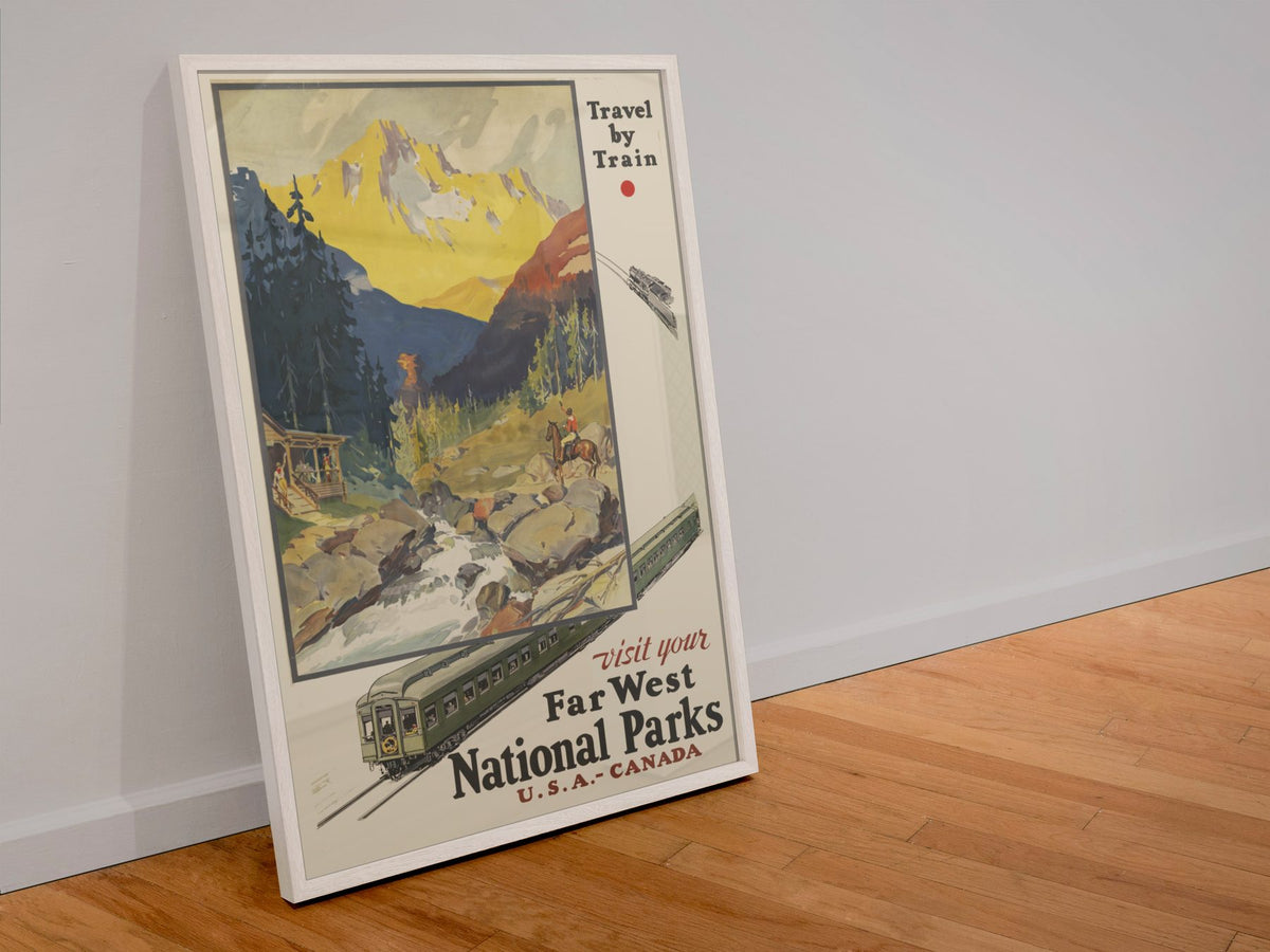 Far West National Parks Travel by Train poster in a white frame leaning against a wall