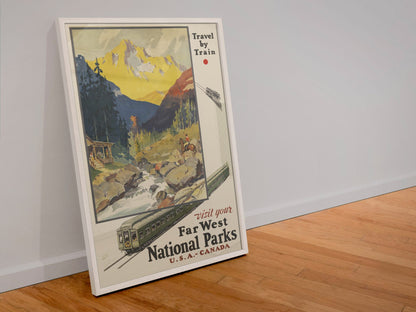 Far West National Parks Travel by Train poster in a white frame leaning against a wall