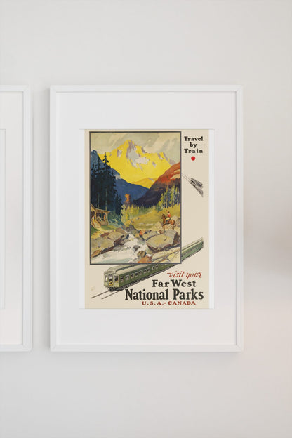 Far West National Parks Travel by Train poster on a light wall