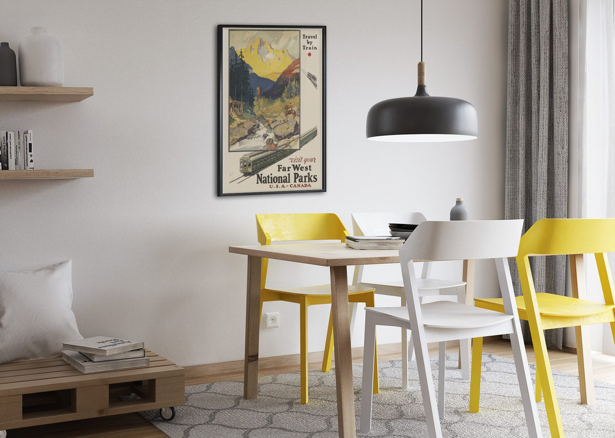 Far West National Parks Travel by Train poster framed above a dining table