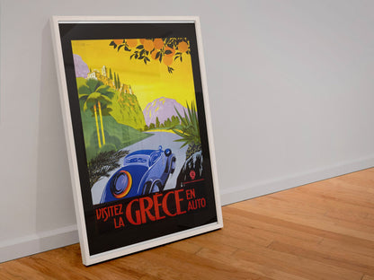 Visitez la Grece en Auto poster in a white frame leaning against a wall