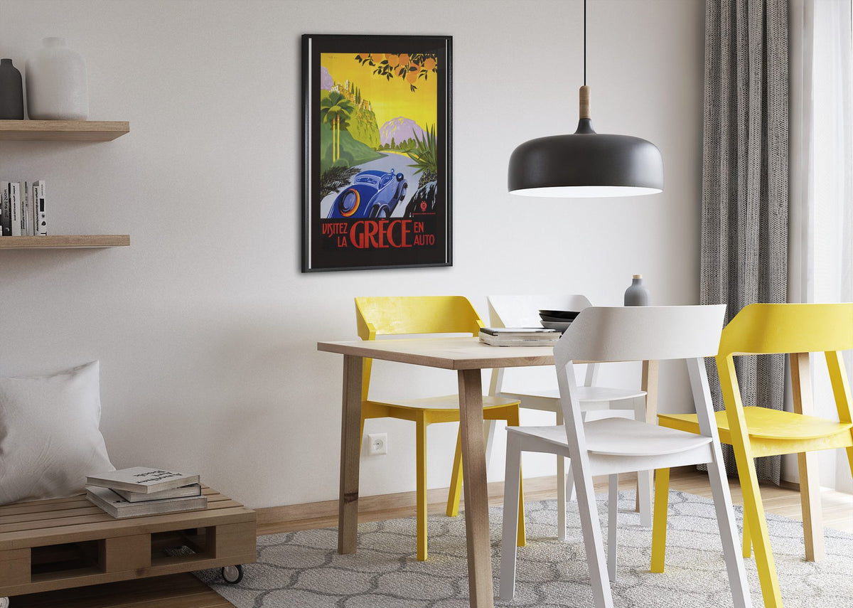 Visitez la Grece en Auto poster framed above a dining table