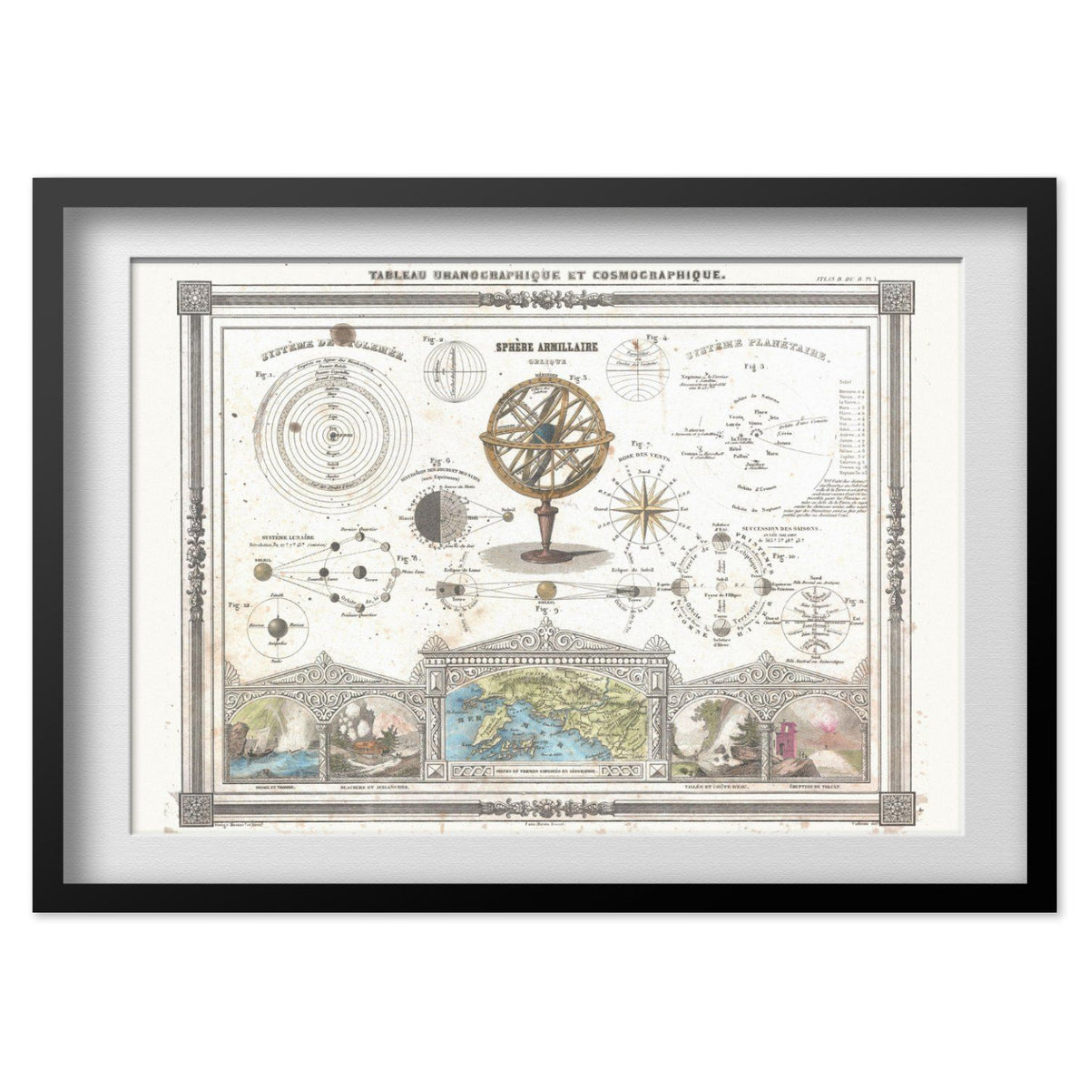 Vuillemin Astronomical Chart 1852 print in a black frame with a white mat