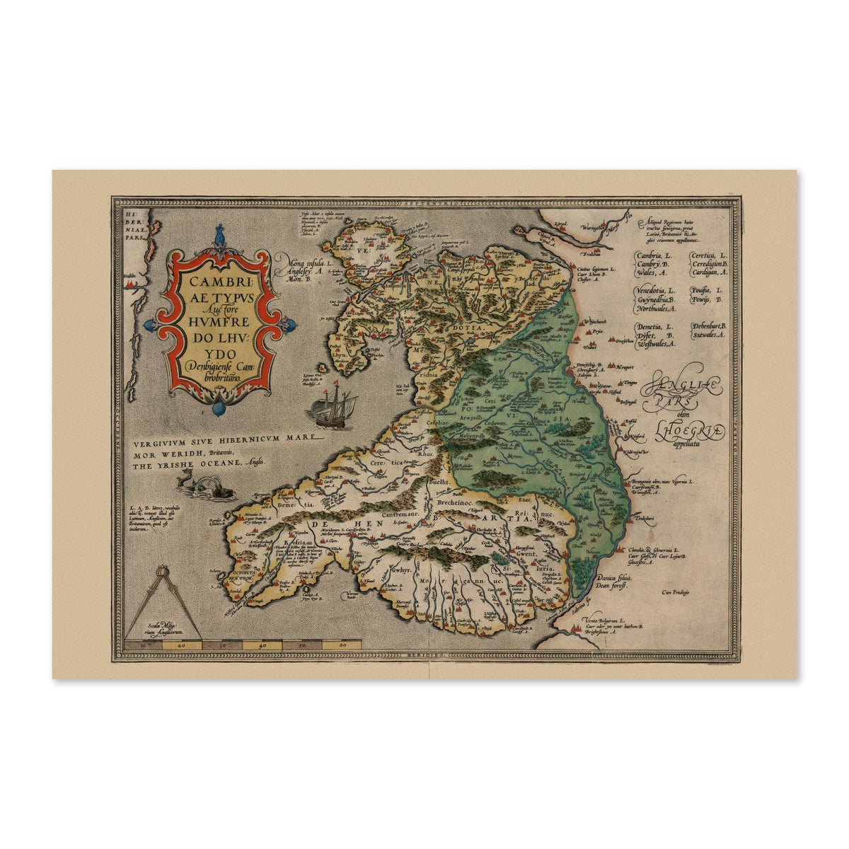 Wales & England 1580 Map vintage print