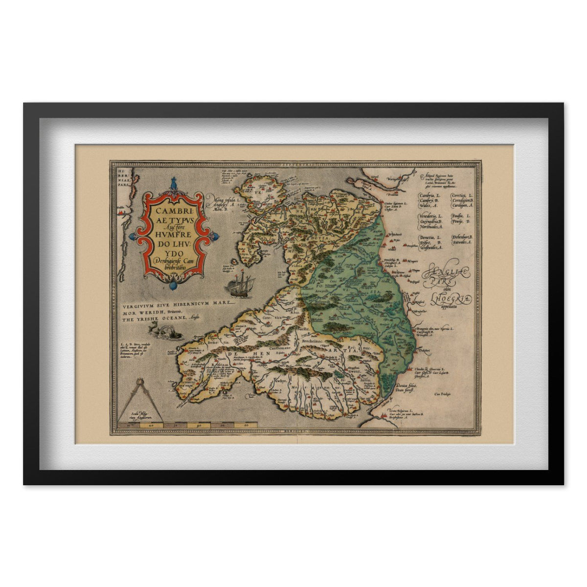 Wales & England 1580 Map print in a black frame with a white mat