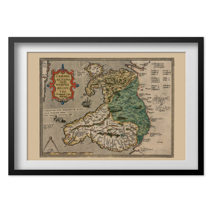 Wales & England 1580 Map print in a black frame with a white mat