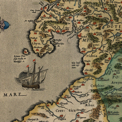 Close-up detail of the Wales & England 1580 Map