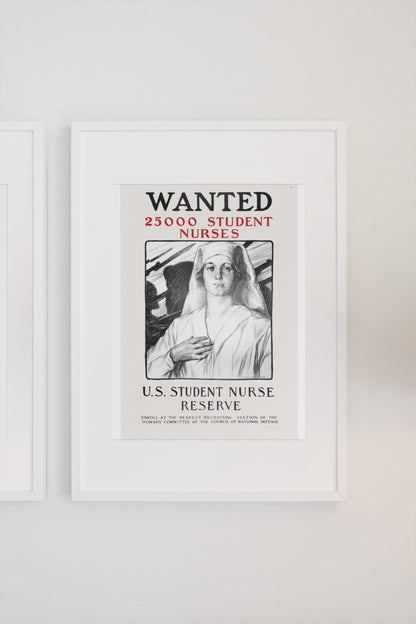 Wanted 25000 Student Nurses poster on a light wall