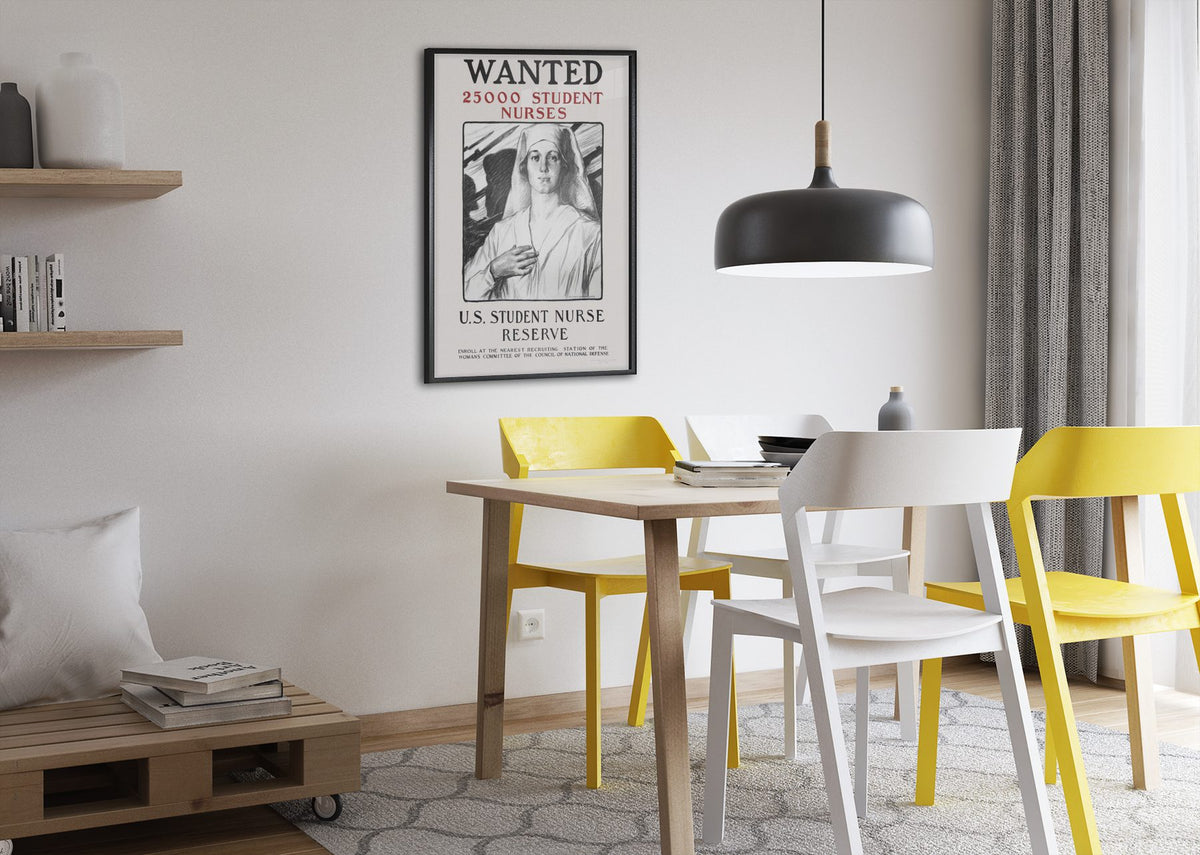 Wanted 25000 Student Nurses poster framed above a dining table