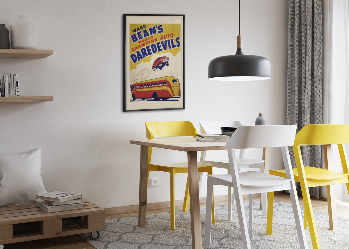 Ward Beam's Auto Daredevils poster framed above a dining table