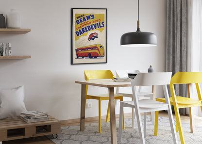 Ward Beam's Auto Daredevils poster framed above a dining table