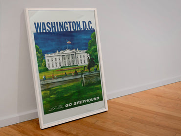 Washington DC Go Greyhound poster in a white frame leaning against a wall