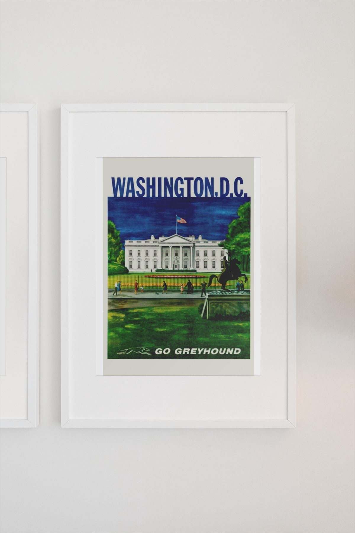 Washington DC Go Greyhound poster on a light wall