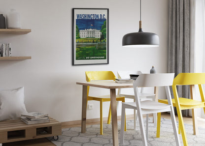 Washington DC Go Greyhound poster framed above a dining table