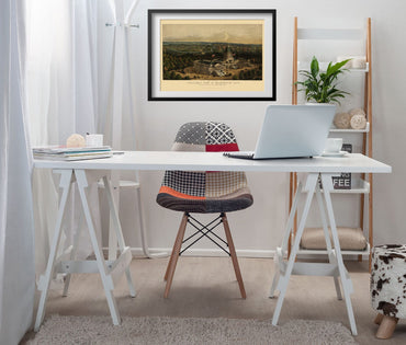 Washington DC 1856 Panoramic Map framed above a white desk in a home office