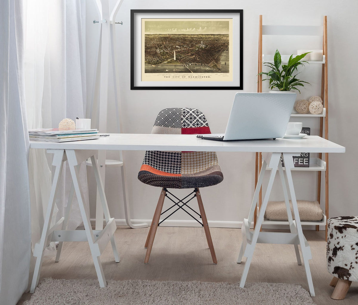 Washington DC 1880 Panoramic Map framed above a white desk in a home office