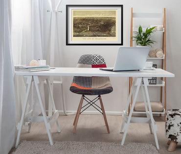 Washington DC 1880 Panoramic Map framed above a white desk in a home office