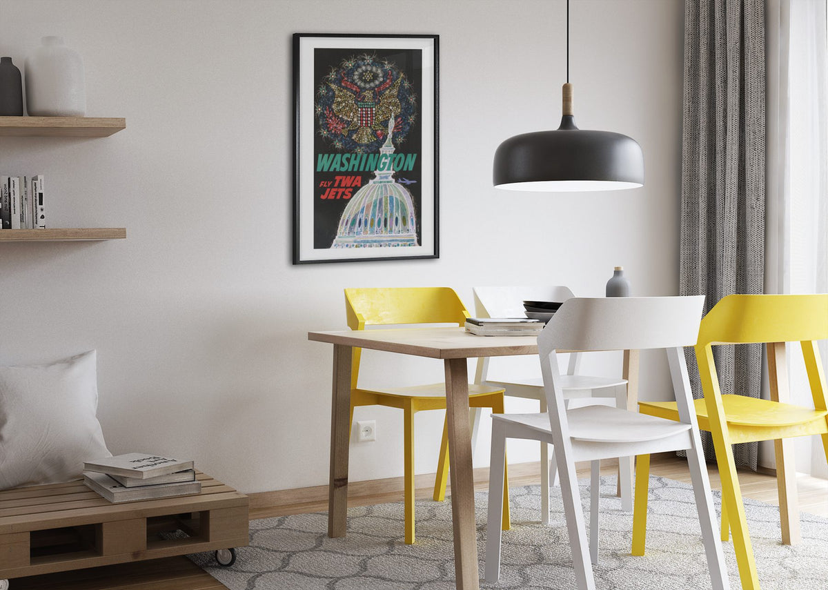 Washington Fly TWA Jets poster framed above a dining table