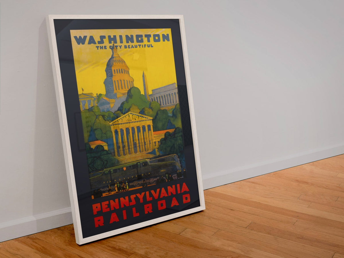 Washington Pennsylvania Railroad poster in a white frame leaning against a wall