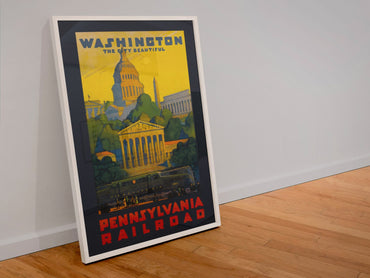 Washington Pennsylvania Railroad poster in a white frame leaning against a wall