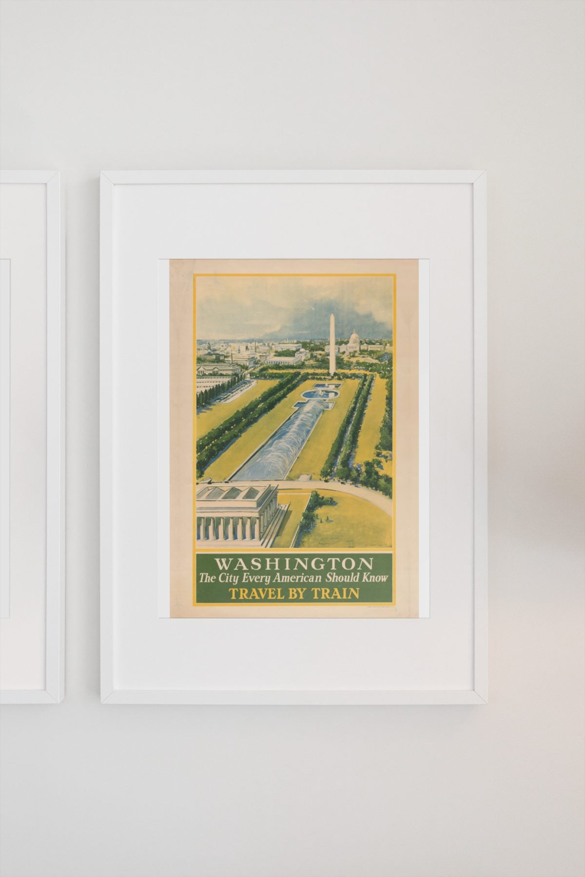Washington Travel by Train poster on a light wall