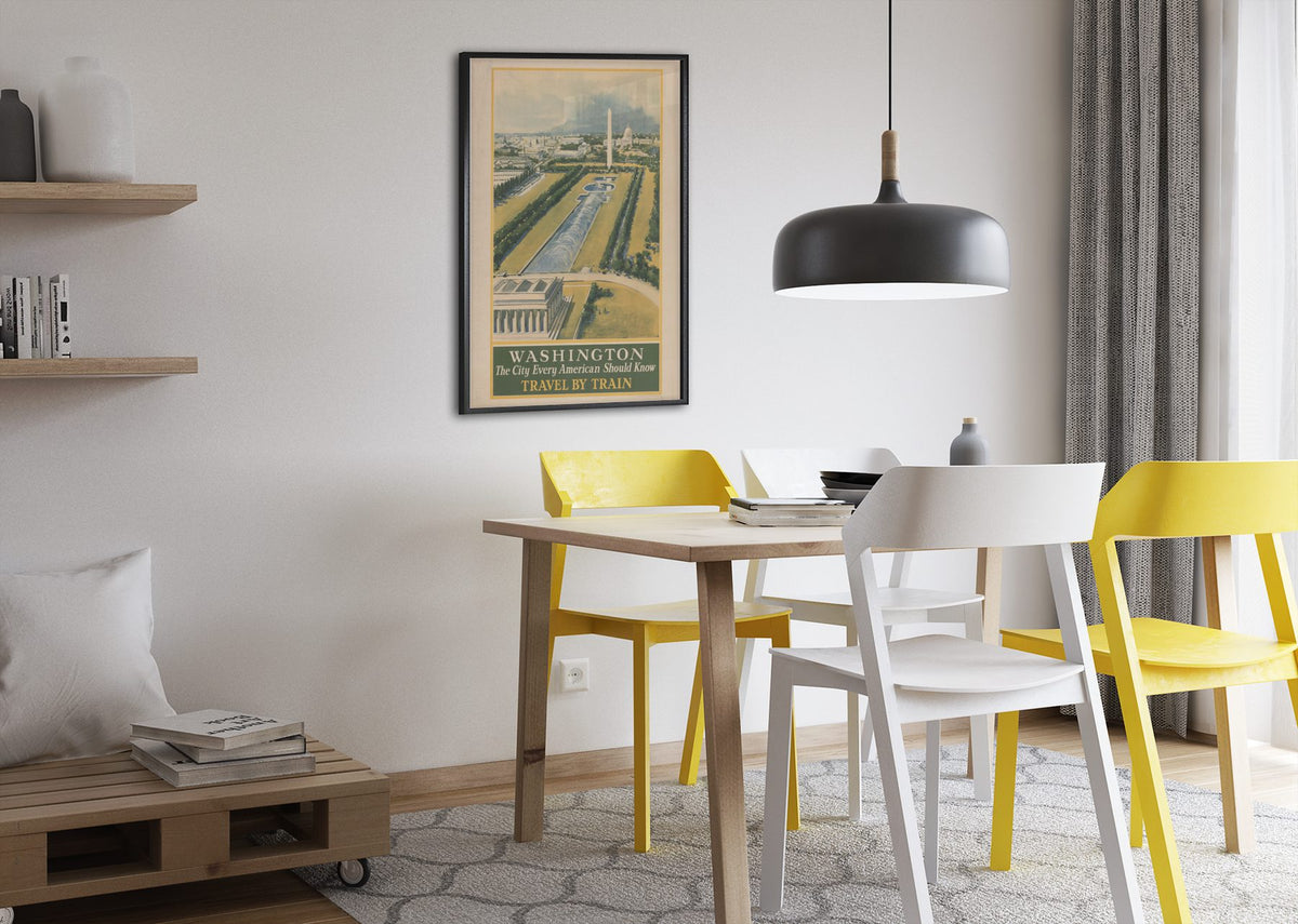 Washington Travel by Train poster framed above a dining table