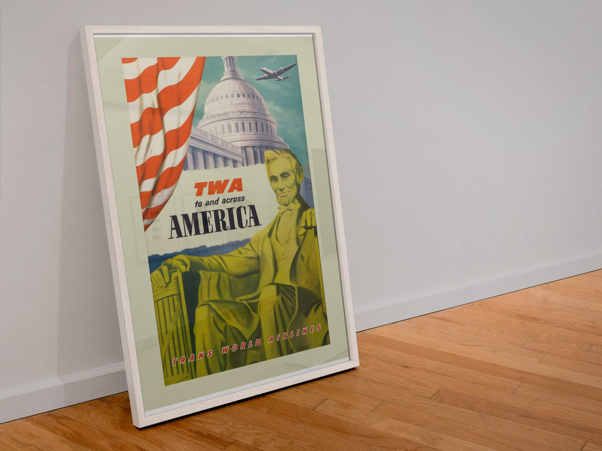 Washington TWA Across America poster in a white frame leaning against a wall