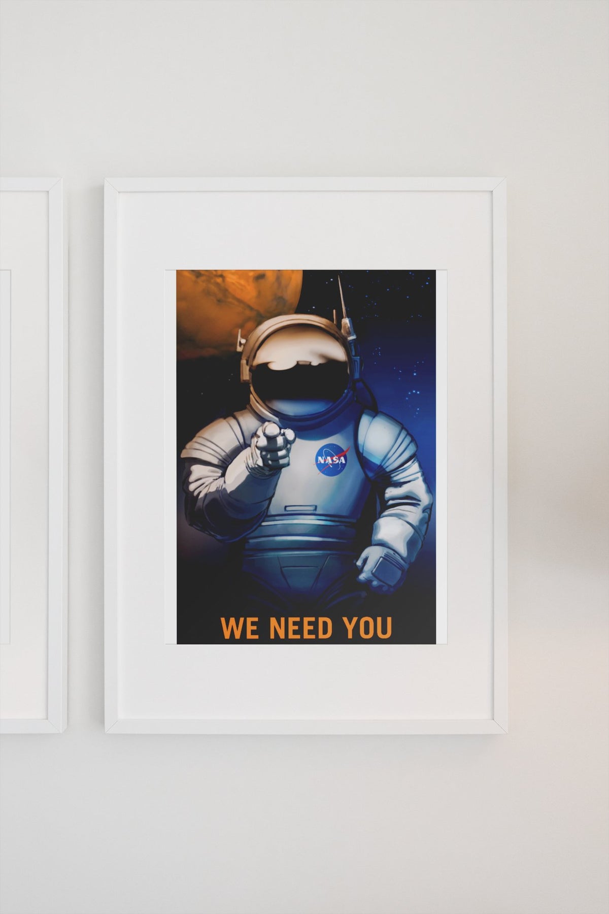 We Need You on Mars NASA recruitment poster in a white frame on a light wall