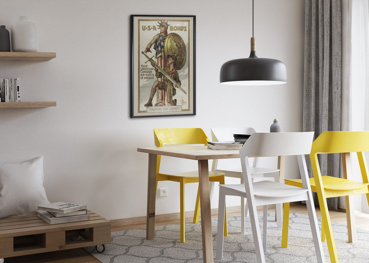 Weapons for Liberty Boy Scouts USA Bonds poster framed above a dining table