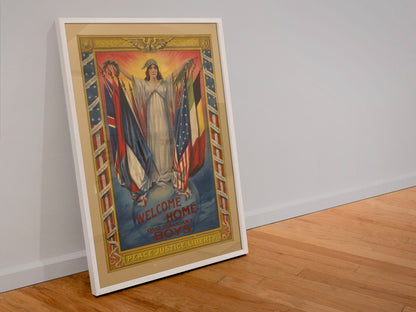 Welcome Home Our Boys poster in a white frame leaning against a wall