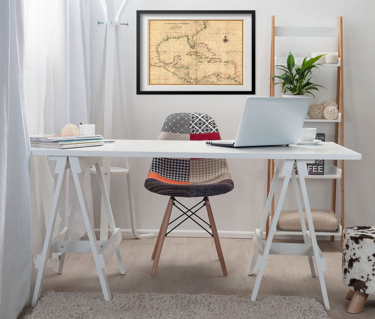 West Indies 1639 Chart print framed above a white desk in a home office