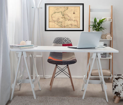 West Indies 1639 Chart print framed above a white desk in a home office