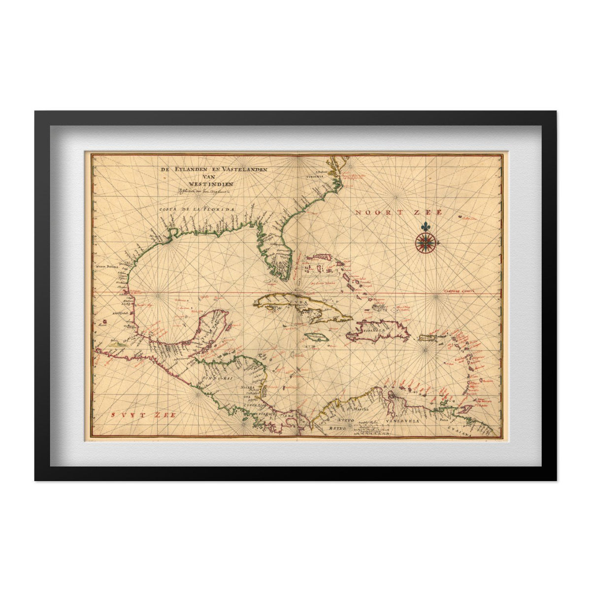 West Indies 1639 Chart print in a black frame with a white mat