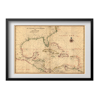 West Indies 1639 Chart print in a black frame with a white mat