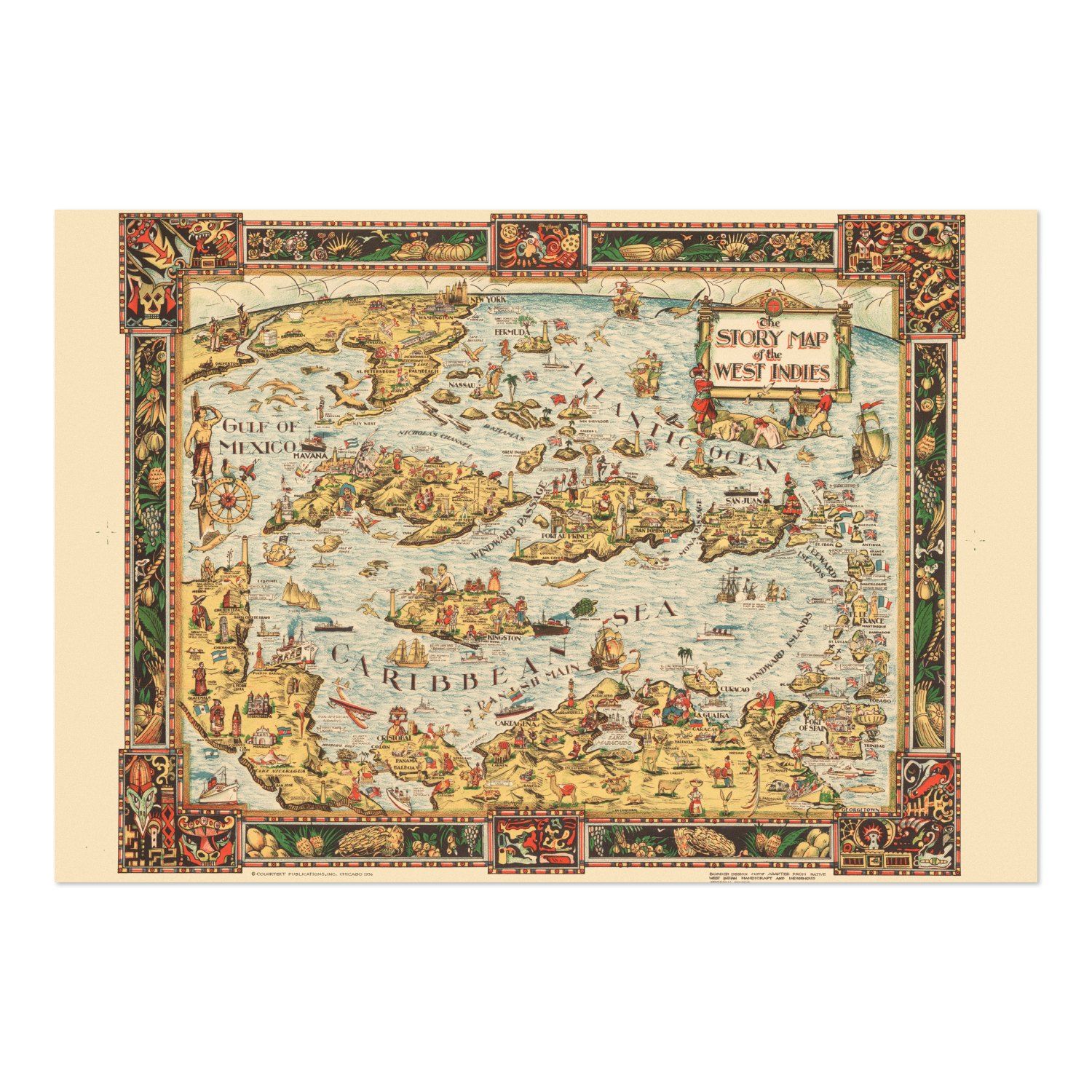 West Indies 1936 Pictorial Map vintage print
