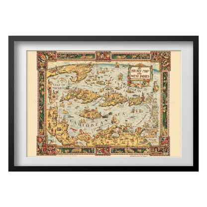 West Indies 1936 Pictorial Map print in a black frame with a white mat