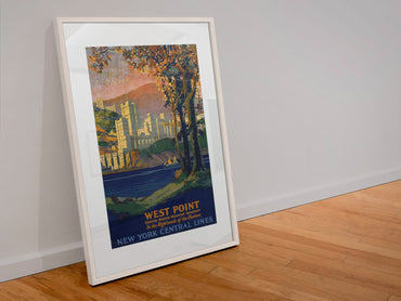 West Point New York Central poster in a white frame leaning against a wall