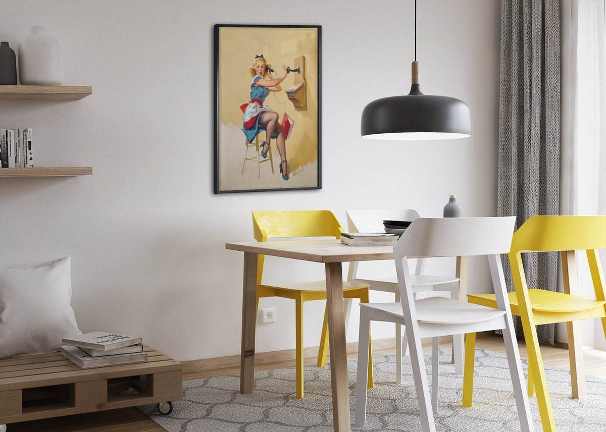 What a Line by Gil Elvgren, pin-up poster — dining room