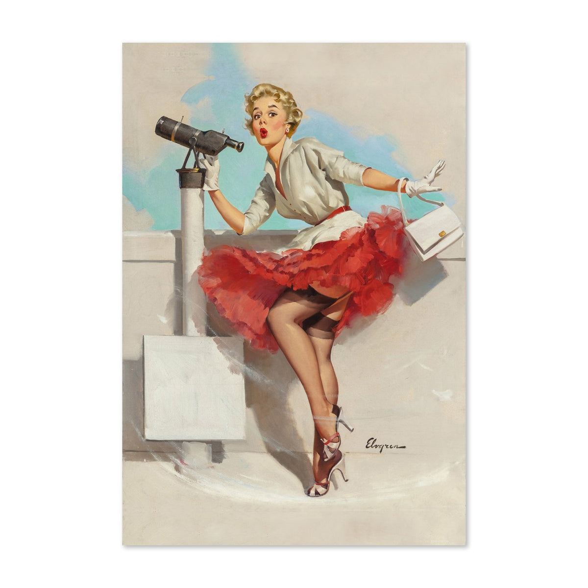 What a View by Gil Elvgren, pin-up poster — framed print