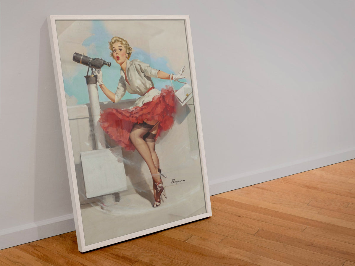 What a View by Gil Elvgren, pin-up poster — leaning frame