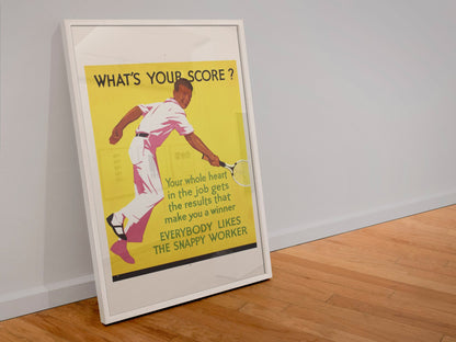 What’s Your Score poster in a white frame leaning against a wall