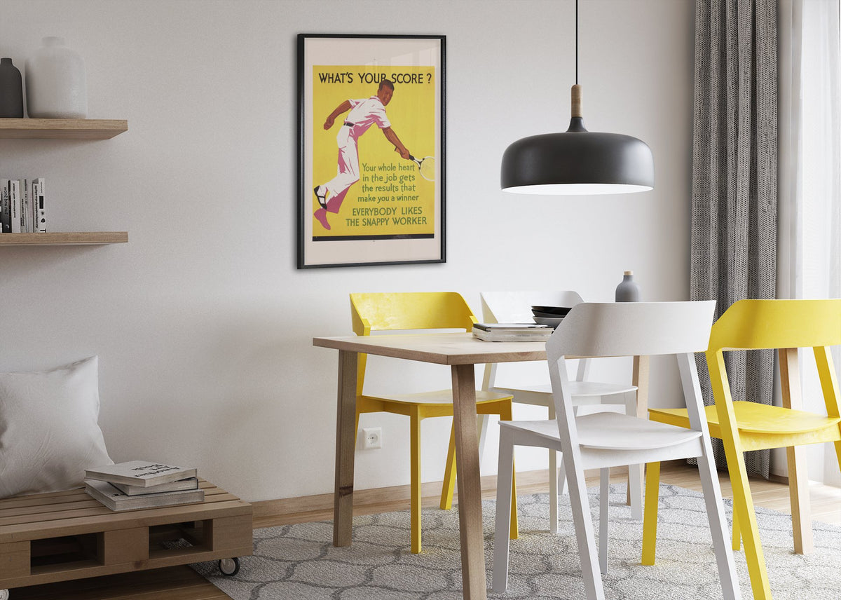 What’s Your Score poster framed above a dining table