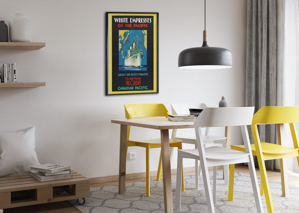 White Empresses of the Pacific poster framed above a dining table
