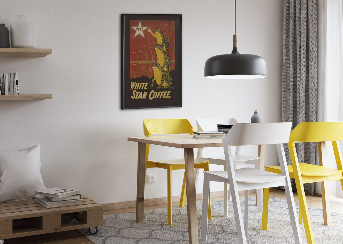 White Star Coffee Frogs poster framed above a dining table