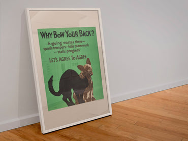 Why Bow Your Back poster in a white frame leaning against a wall