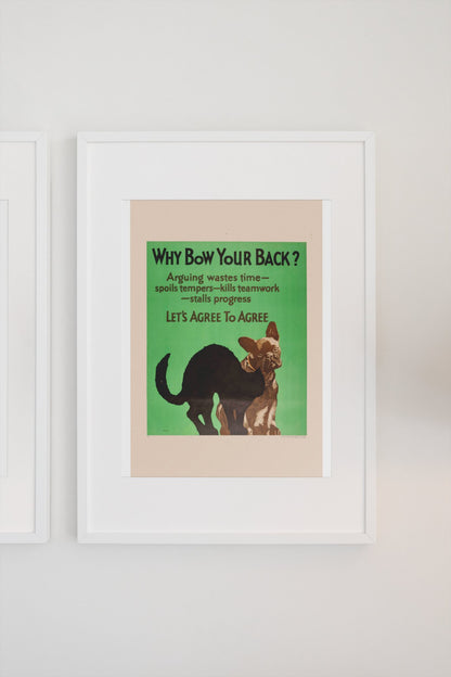 Why Bow Your Back poster in a white frame on a light wall