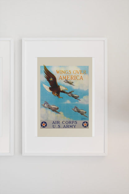 Wings Over America Air Corps US Army poster on a light wall