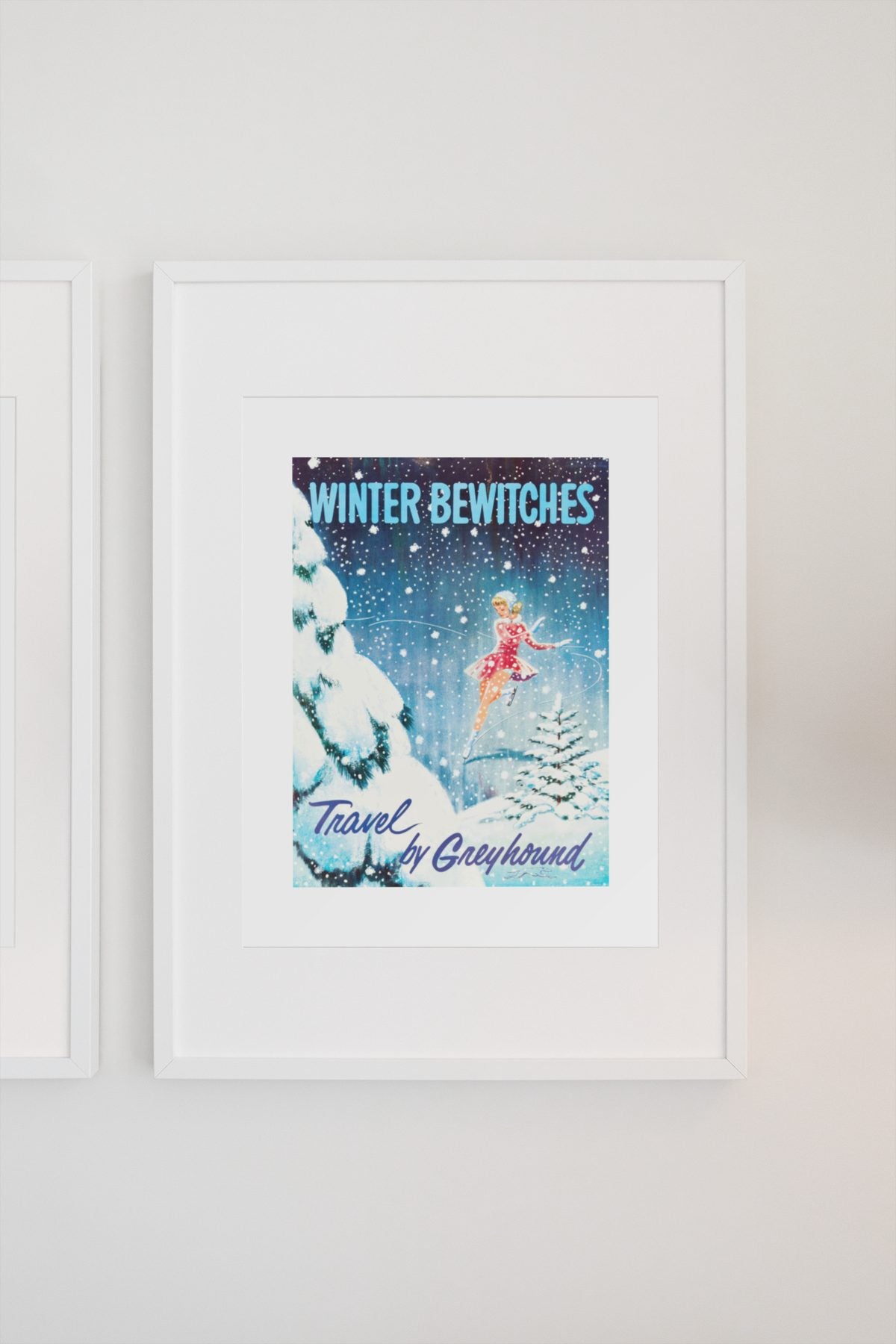 Winter Bewitches Greyhound poster on a light wall